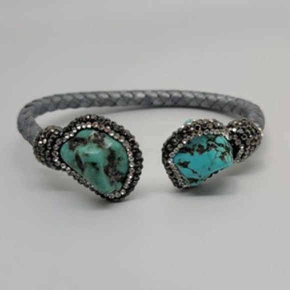 Turquoise & Round Crystal Woven Silver Cord Cuff - Picture 3 of 10